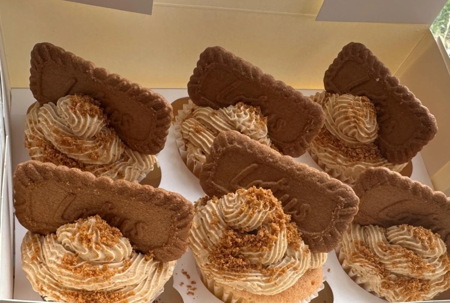 Biscoff cupcakes topped with biscuits